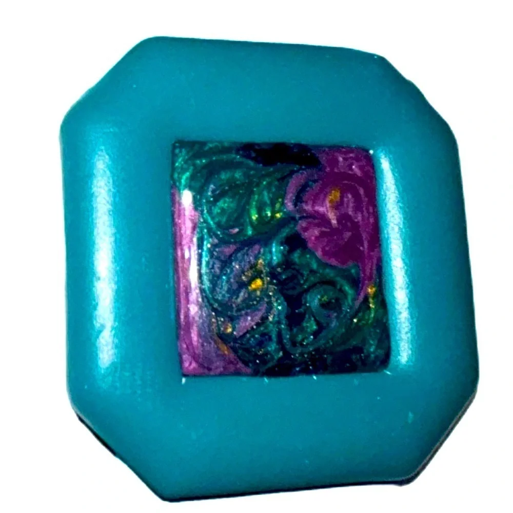 Day Lor Retro Vintage elastic stretch belt teal swirl square buckle gold cinch